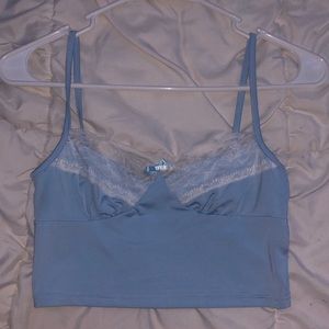Light Blue Silky Top With Lace Trim